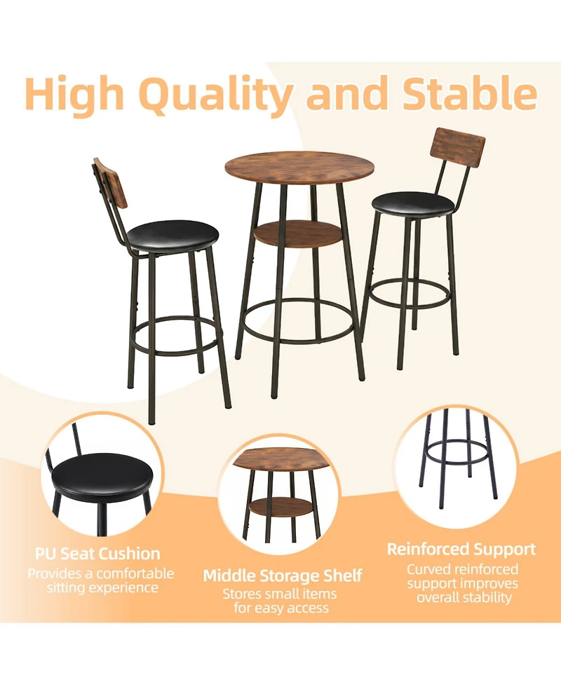 Flynama 3-Piece Round Bar Table Set with 2-Tier Storage and Pu Stools for Small Corner