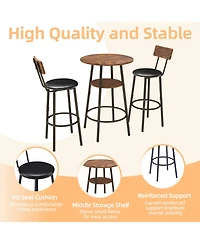 Flynama 3-Piece Round Bar Table Set with 2-Tier Storage and Pu Stools for Small Corner
