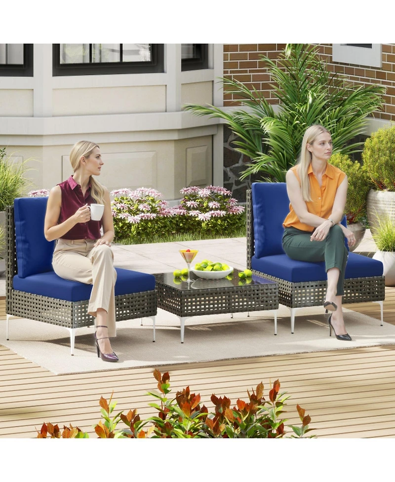Gouun 3-Piece Low-Profile Pe Rattan Conversation Set with Glass Coffee Table and Cushions