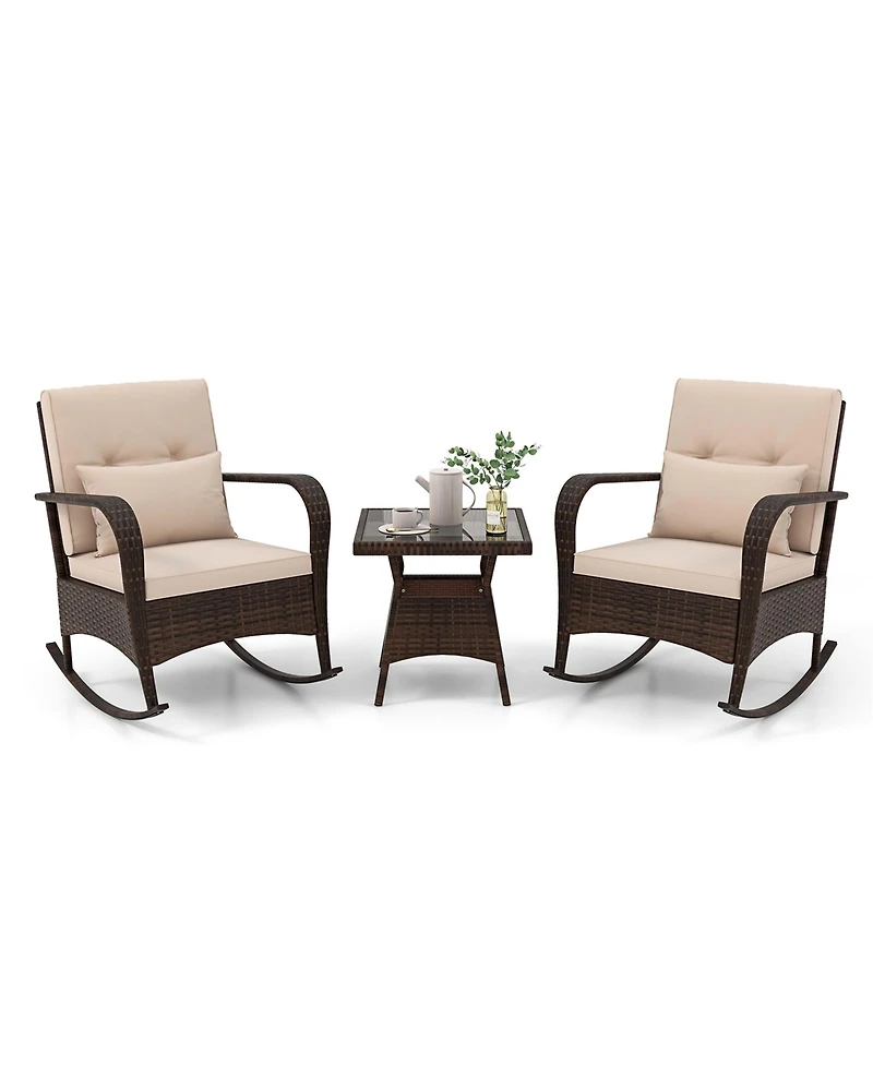 Gymax 3Pieces Outdoor Rocking Set Rattan Rocker Chairs w/ Tempered Glass Coffee Table Wicker Rocker Set