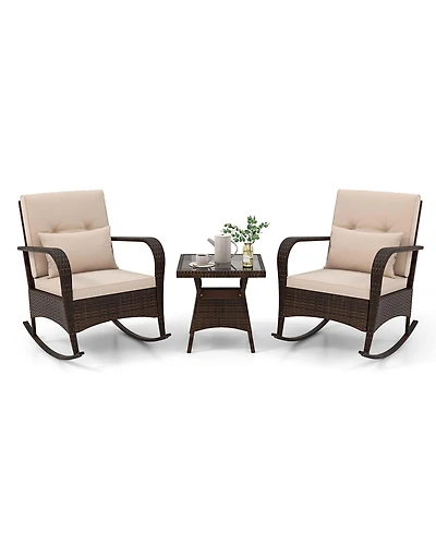 Gymax 3Pieces Outdoor Rocking Set Rattan Rocker Chairs w/ Tempered Glass Coffee Table Wicker Rocker Set