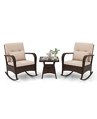 Gymax 3Pieces Outdoor Rocking Set Rattan Rocker Chairs w/ Tempered Glass Coffee Table Wicker Rocker Set