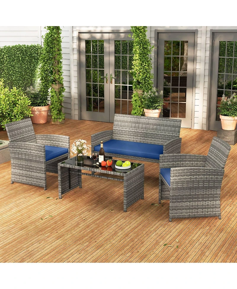 Sugift 4 Piece Patio Conversation Set Rattan Chair Loveseat and Table Set