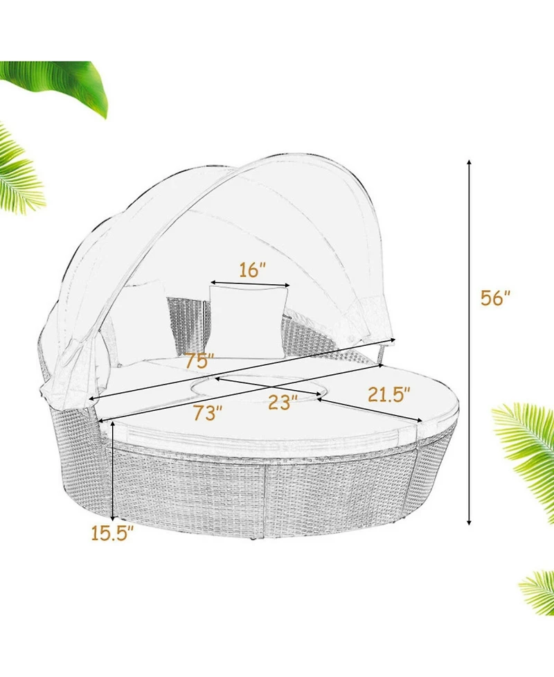 Sugift Patio Round Rattan Daybed with Retractable Canopy and Height Adjustable Coffee Table
