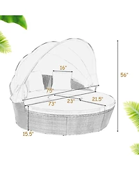 Sugift Patio Round Rattan Daybed with Retractable Canopy and Height Adjustable Coffee Table