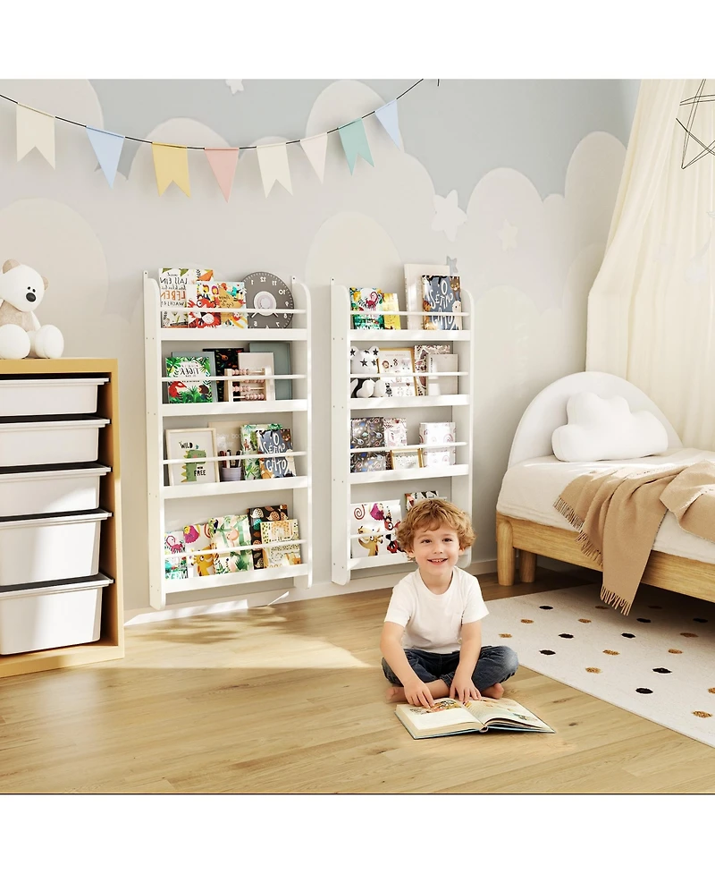 Flynama 4-Tier Wall-Mounted Kids Bookshelf Anti-Tip Design High Safety Space-Saving Nursery Toy Book Organizer