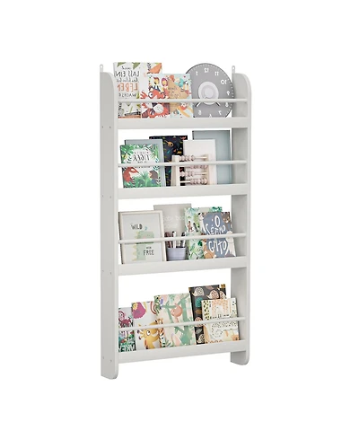 Flynama 4-Tier Wall-Mounted Kids Bookshelf Anti-Tip Design High Safety Space-Saving Nursery Toy Book Organizer