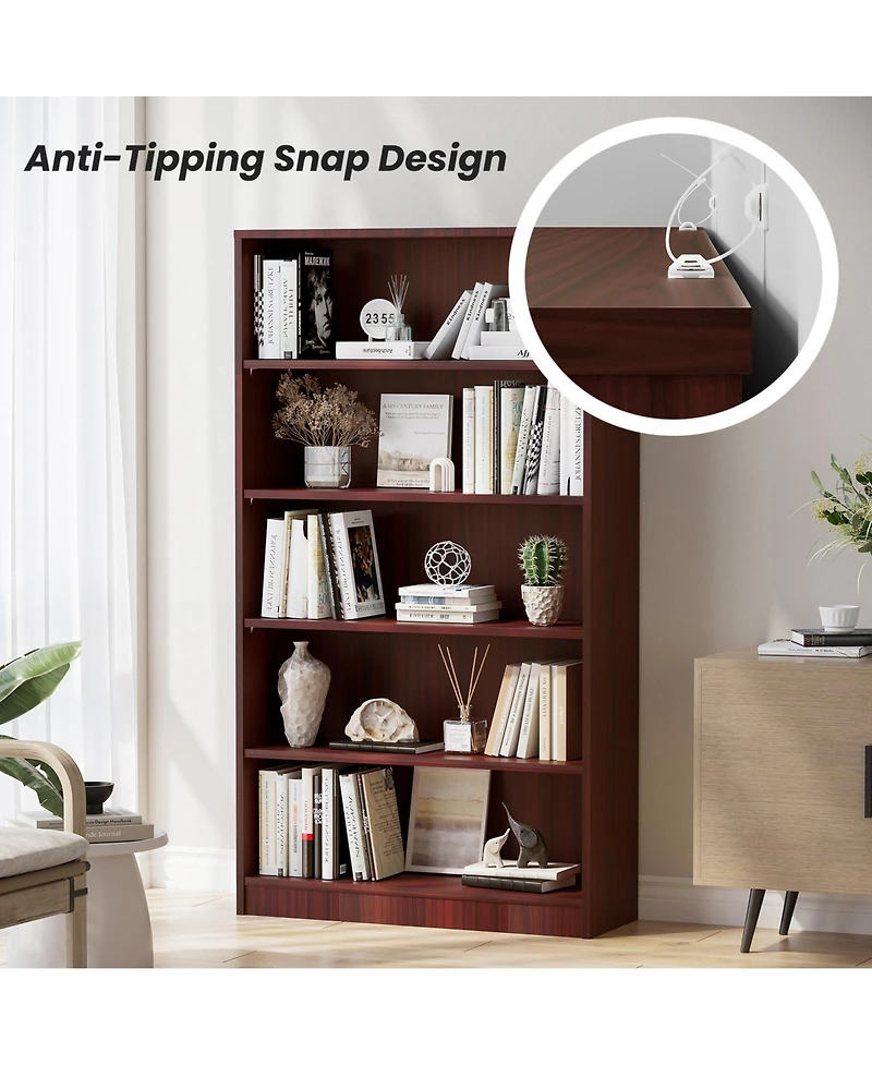 Flynama 60 Inch Tall 5-Shelf Adjustable Cherry Wood Bedroom Bookcase