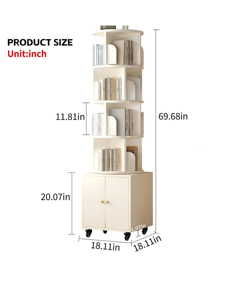 Flynama 5-Tier Rotating Bookshelf with Double Door Drawer, Slim Wooden Corner Storage Cabinet for Home