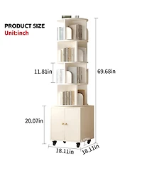 Flynama 5-Tier Rotating Bookshelf with Double Door Drawer, Slim Wooden Corner Storage Cabinet for Home