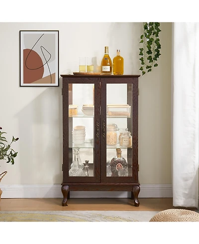 Flynama Lighted Tempered Glass Curio Cabinet Mirrored Back Panel Adjustable Shelf Vintage Metal Handle Home Display Cabinet