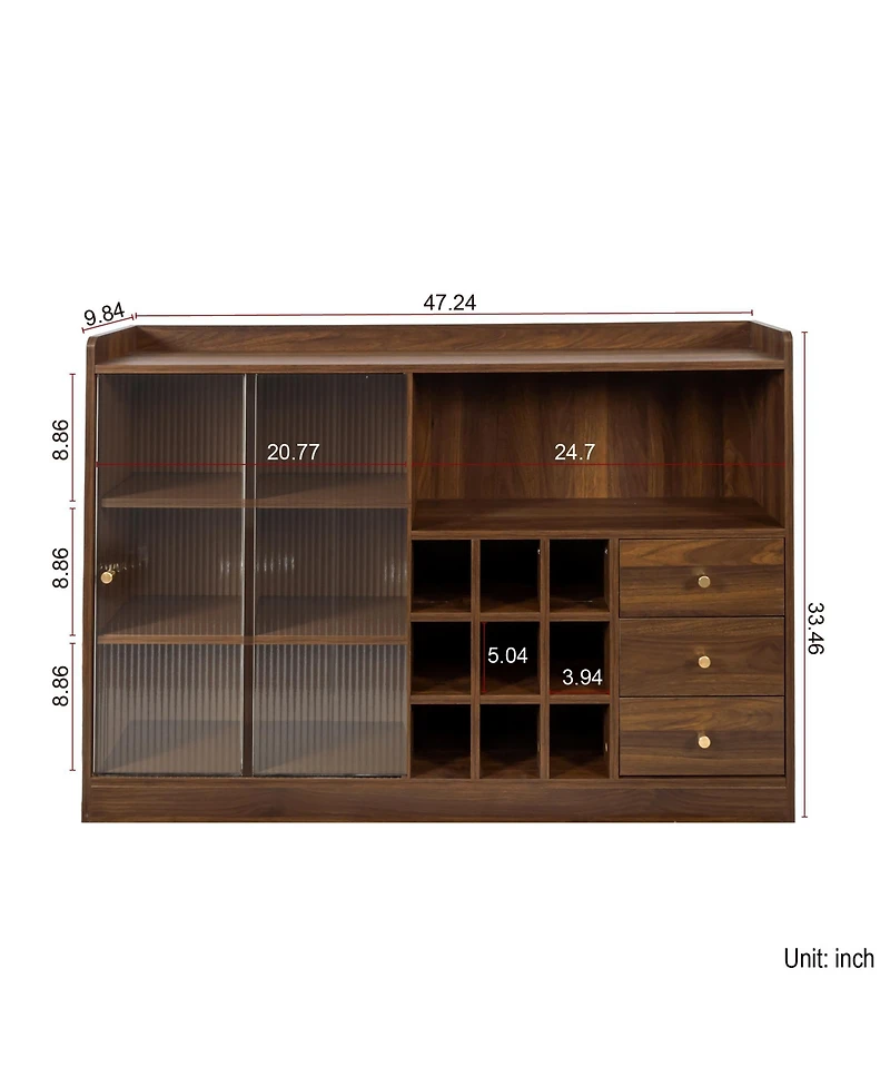 Flynama Double Sliding Striped Glass Door Sideboard Wooden Freestanding Storage Cabinet Wine Cabinet For Home Garage Use
