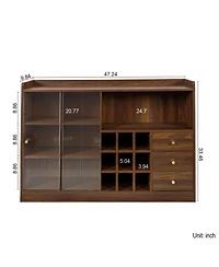 Flynama Double Sliding Striped Glass Door Sideboard Wooden Freestanding Storage Cabinet Wine Cabinet For Home Garage Use