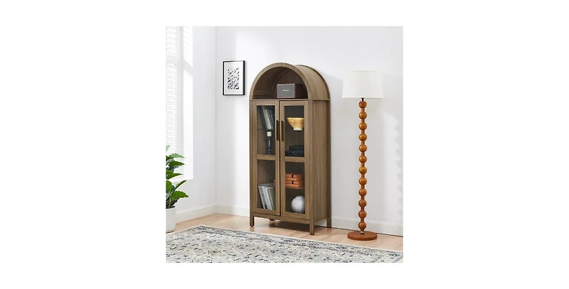 Flynama High Arched Led Light Wooden Storage Cabinet Adjustable Glass Partition Modern Retro Home Multi-Functional Display Cabinet