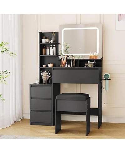 gaomon -Drawer Vanity Desk Set, Lighted Makeup Table with Power Outlet