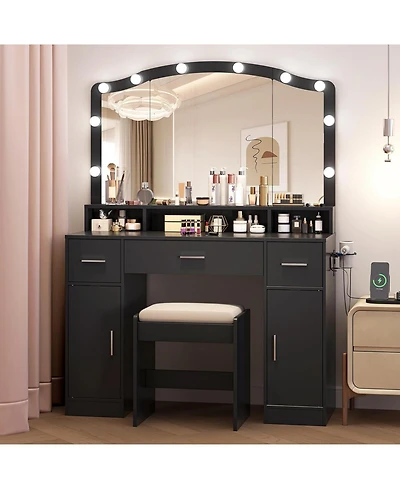 gaomon 3-Drawer Led Vanity Set, Makeup Dressing Table with Cozy Padded Stool