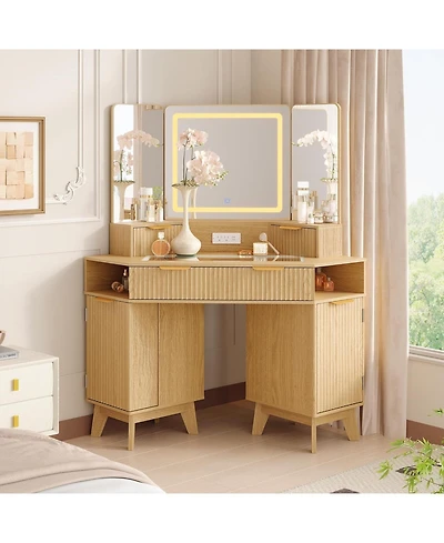 gaomon 48" Almond Fluted Corner Vanity, Lighted Makeup Desk with Triple Mirror System