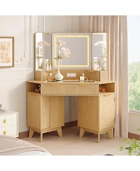 gaomon 48" Almond Fluted Corner Vanity, Lighted Makeup Desk with Triple Mirror System
