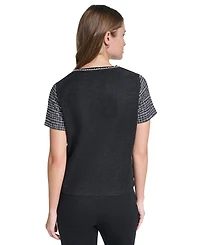 Karl Lagerfeld Paris Petite Short-Sleeve Trim Crewneck Blouse