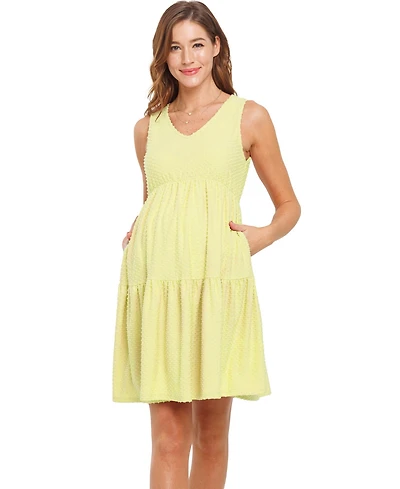 Hello Miz Women's Maternity Swiss Dot Sleeveless Tiered Dress with Pockets