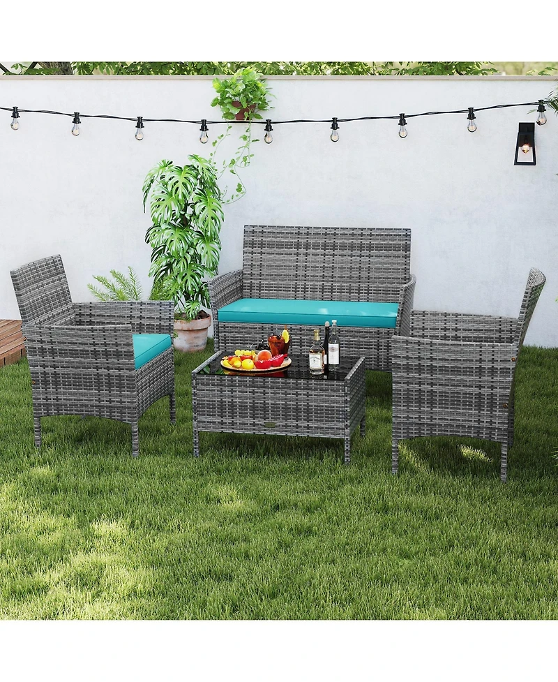 Sugift 4 Pieces Patio Rattan Conversation Set with Tempered Glass Coffee Table