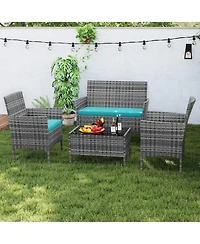 Sugift 4 Pieces Patio Rattan Conversation Set with Tempered Glass Coffee Table