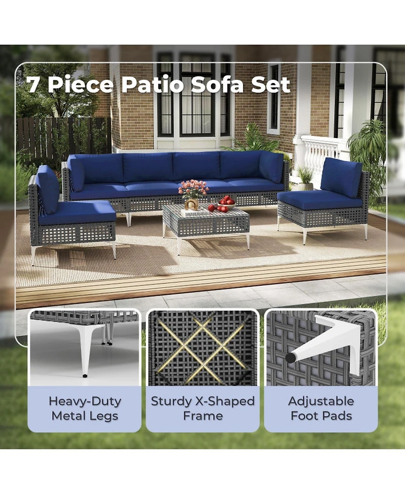 Sugift 7-Piece Pe Rattan Patio Sectional with Tempered Glass Coffee Table