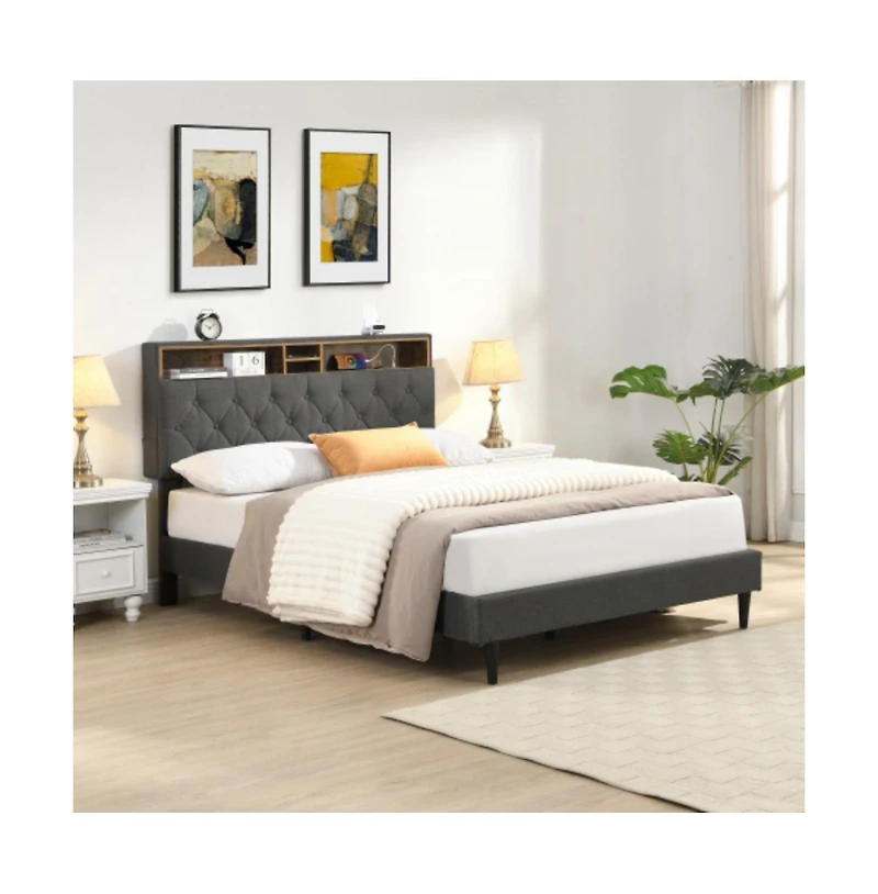 Lucky One Queen Size Platform Bed Frame with Usb Outlet and Storage Compartments, Heavy Duty Metal Slats, No Box Spring Needed