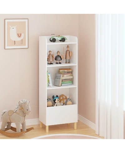 Flynama Kids 4-Tier Bookcase and Toy Storage Organizer with Pine Legs