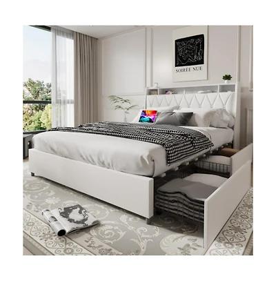 Lucky One Full Size Platform Bed Frame with Ergonomic Headboard, Outlets, Usb Charger, Storage Shelf, Noise-Free, No Box Spring Needed