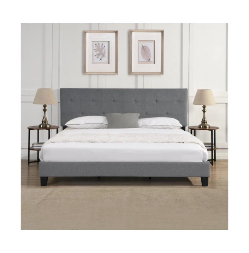 Lucky One King Size Upholstered Platform Bed Frame with Button Tufted Linen Headboard, Wood Slat Support, No Box Spring Needed