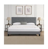 Lucky One King Size Upholstered Platform Bed Frame with Button Tufted Linen Headboard, Wood Slat Support, No Box Spring Needed