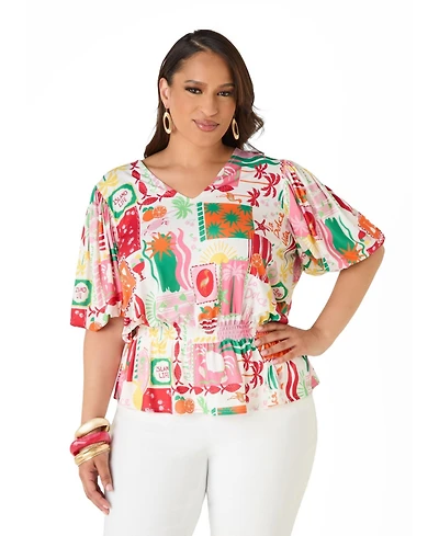 Ashley Stewart Plus Island Print Bubble Women's Sleeve Top