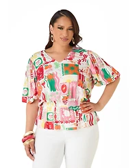 Ashley Stewart Plus Island Print Bubble Women's Sleeve Top