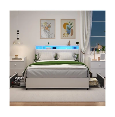 Lucky One Queen Size Platform Bed Frame with Ergonomic Headboard, Outlets, Usb Charger, Led Light, Storage Shelf, Noise-Free, No Box Spring Needed