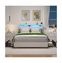 Lucky One Queen Size Platform Bed Frame with Ergonomic Headboard, Outlets, Usb Charger, Led Light, Storage Shelf, Noise-Free, No Box Spring Needed