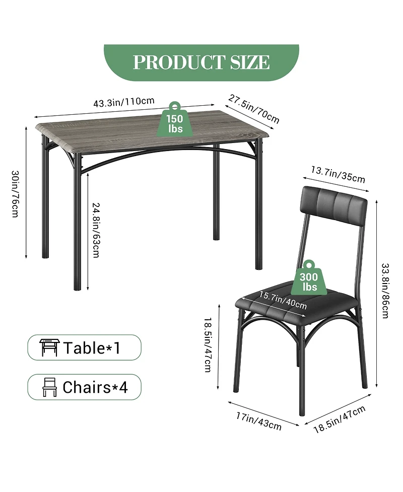 homfan 5 Piece Dining Table and Chair Set Rectangular Metal and Wood Table, Upholstered Chairs, Space Saving Design for Apartment or Small Spaces
