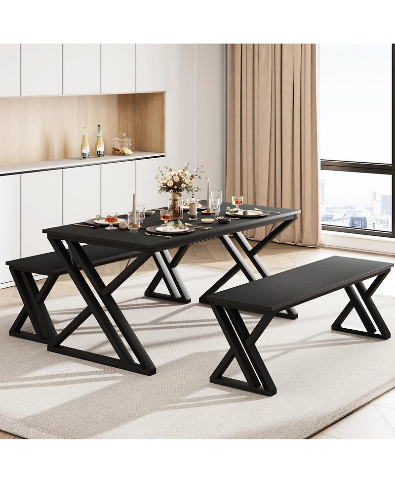 homfan Kitchen Table with Benches, Dining Table Benches Set for 4-6, Rectangular Kitchen Table Set with Sturdy Metal Frame, for Kitchen, Dining Room