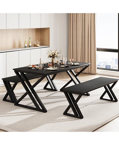 homfan Kitchen Table with Benches, Dining Table Benches Set for 4-6, Rectangular Kitchen Table Set with Sturdy Metal Frame, for Kitchen, Dining Room
