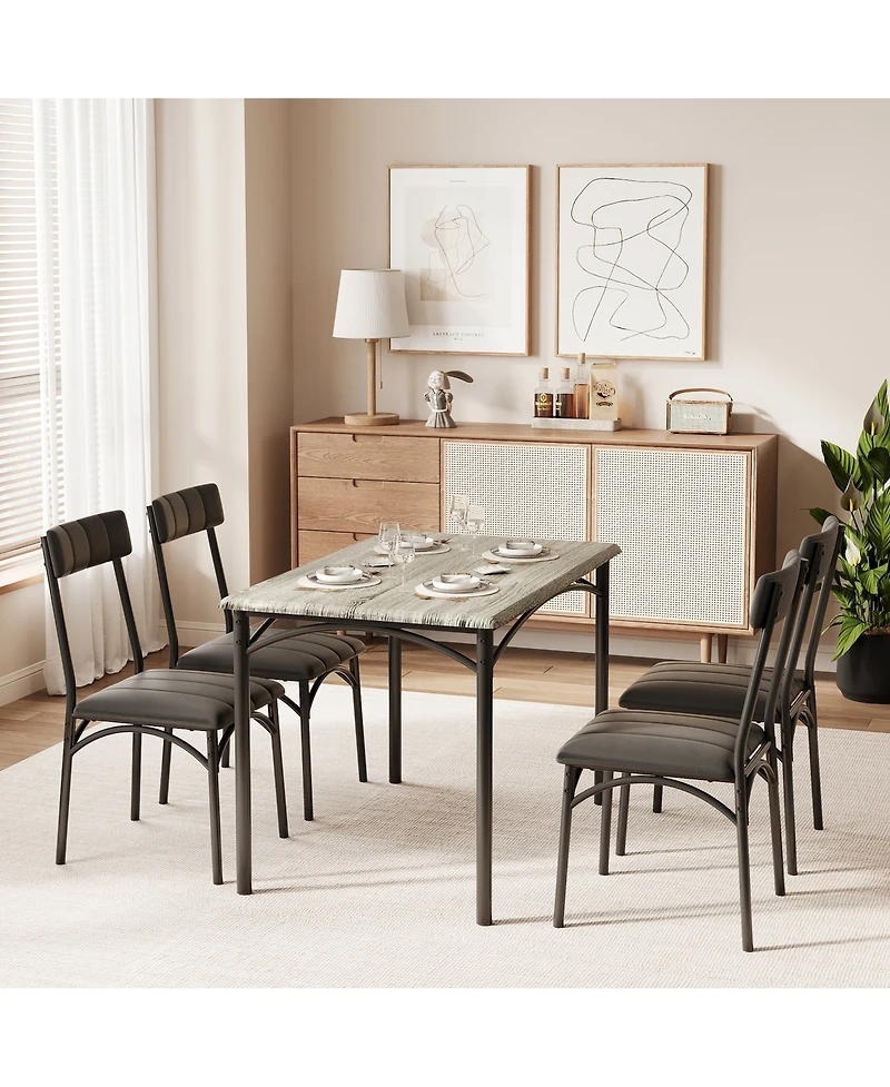 homfan 5 Piece Dining Table and Chair Set Rectangular Metal and Wood Table, Upholstered Chairs, Space Saving Design for Apartment or Small Spaces