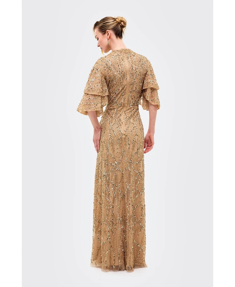 Beauut Women's Embellished Sequins Double Sleeves Dress