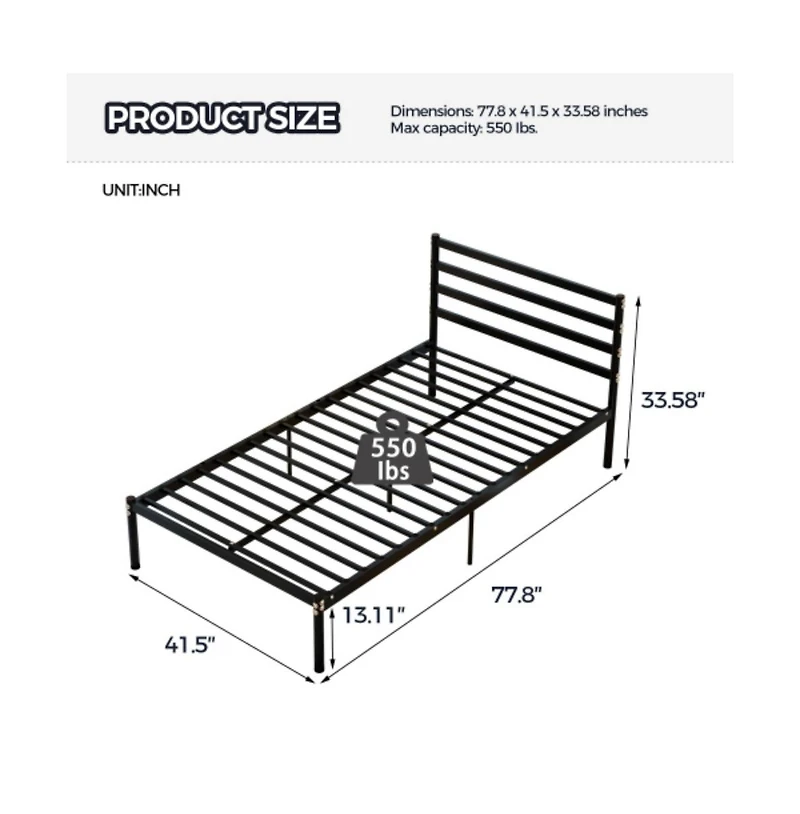 Lucky One Twin Size Classic Metal Platform Bed Frame Mattress Foundation, Large Under-Bed Storage, Easy Assembly, No Box Spring Needed