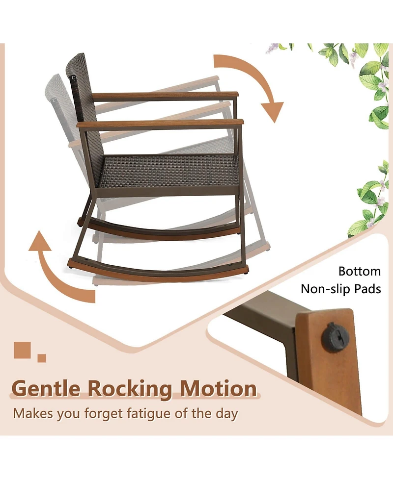 Gymax 3Pieces Rattan Rocking Chair Bistro Set Armrest Cushion Table W/ Storage Shelf Patio