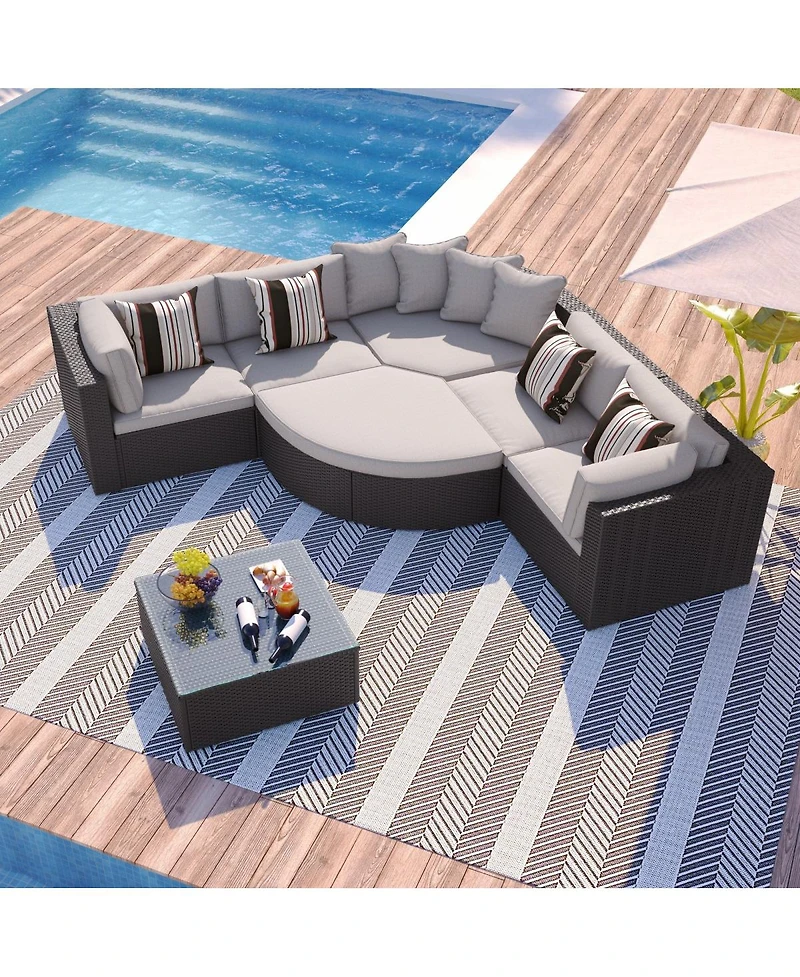 Asagikoiai 7-Piece Outdoor Wicker Patio Sectional Sofa Set with Cushions and Colorful Pillows