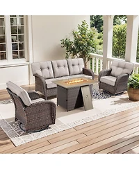 Pocassy Patio Wicker Furniture Set with Fire Pit Table, 4Pieces Pe Rattan Conversation Outdoor Table
