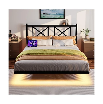 Lucky One Queen Size Floating Bed Frame with Headboard, Usb Charging Station, Led Lights, Heavy Duty Steel Slats, No Box Spring Needed