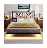 Lucky One Queen Size Floating Bed Frame with Headboard, Usb Charging Station, Led Lights, Heavy Duty Steel Slats, No Box Spring Needed