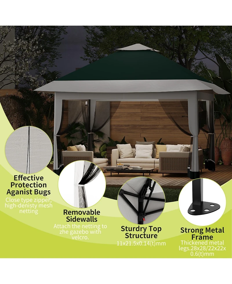 homfan 12 x 12 Feet Cantilevered Folding Shelter With Roll-Up Eaves And Mesh Sidewalls, Pop-Up Patio Canopy For Backyard