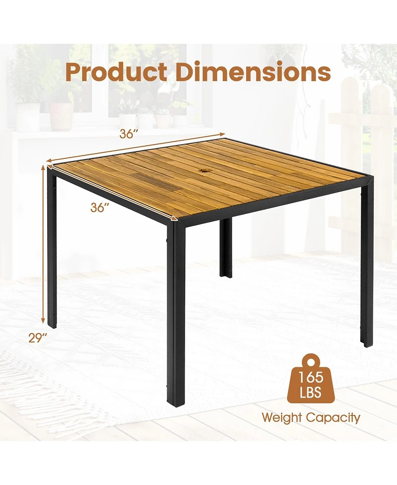 Gymax 36'' Square Outdoor Dining Table for 4 Acacia Wood Patio Table w/ Slatted Top