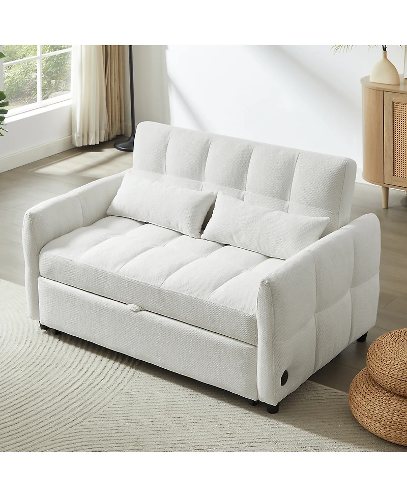 Clihome 52.8" Loveseat Sofa Pull-out Bed Tufted Sleeper with an Adjustable Backrest, Three Usb Ports and Two Lumbar Pillows for Living